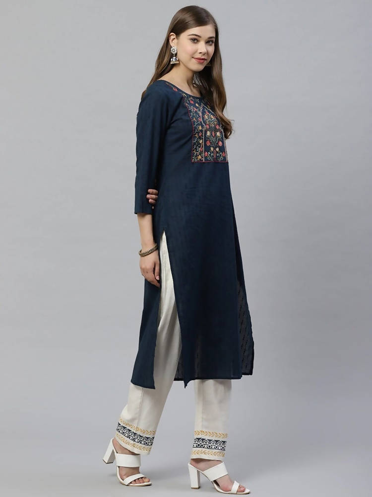 Yufta Women Navy Blue & Off-White Dobby Weaved Kurta with Trouser & Dupatta | Grocsy