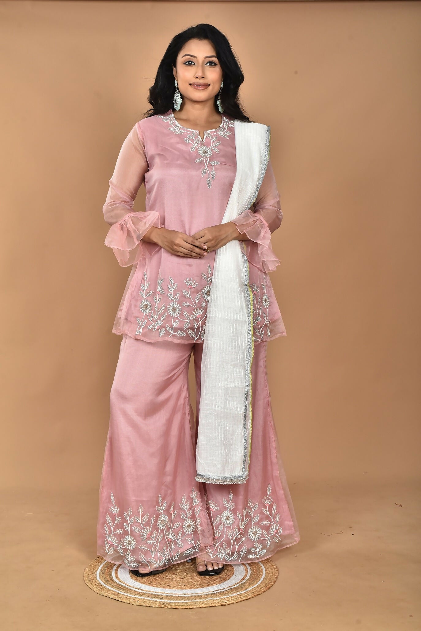 Morchari Women And Hand Embroidery Palazzo Set-Peach | Grocsy