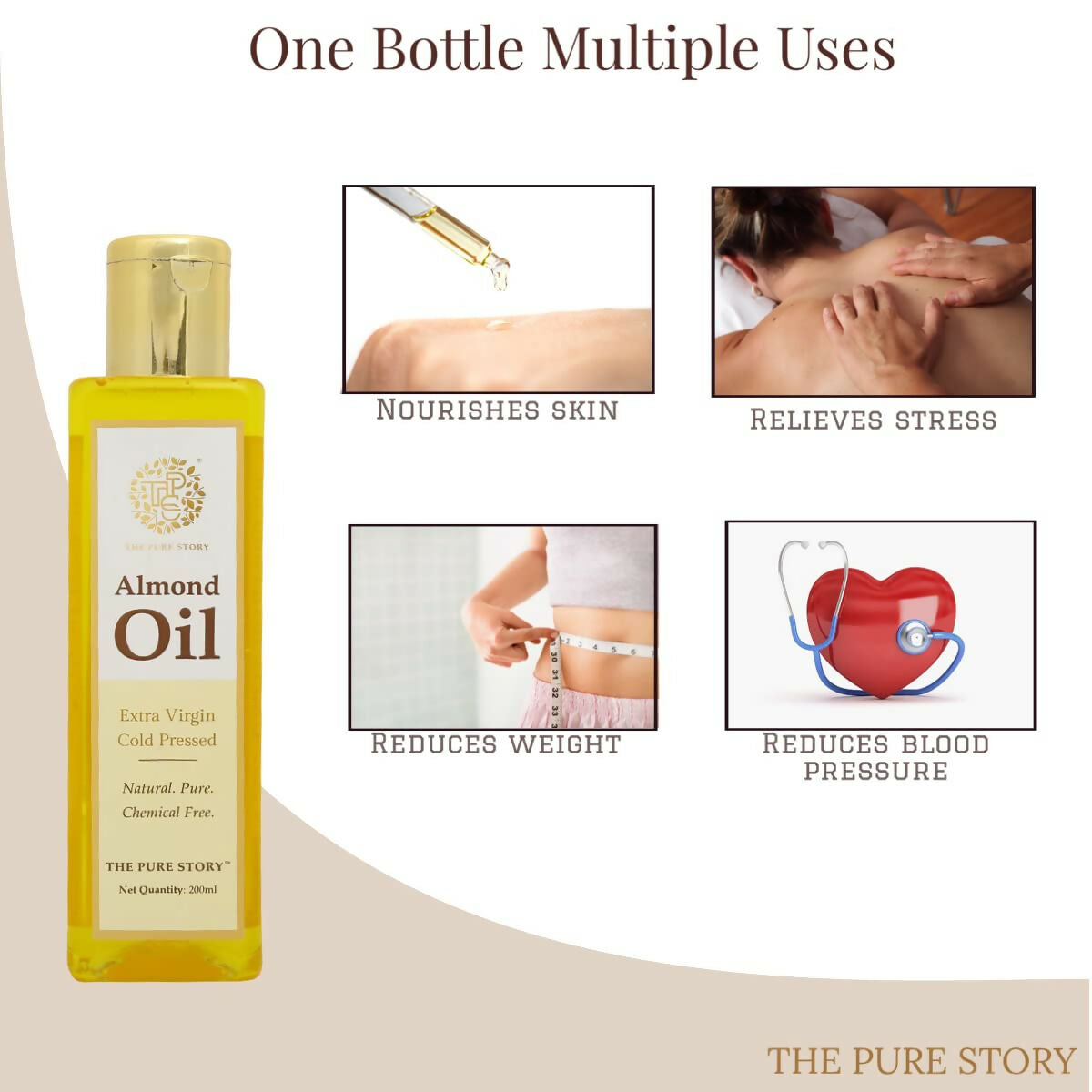The Pure Story Sweet Almond Oil Pure Cold Pressed For Hair, Skin, Face Care & Massage | Grocsy