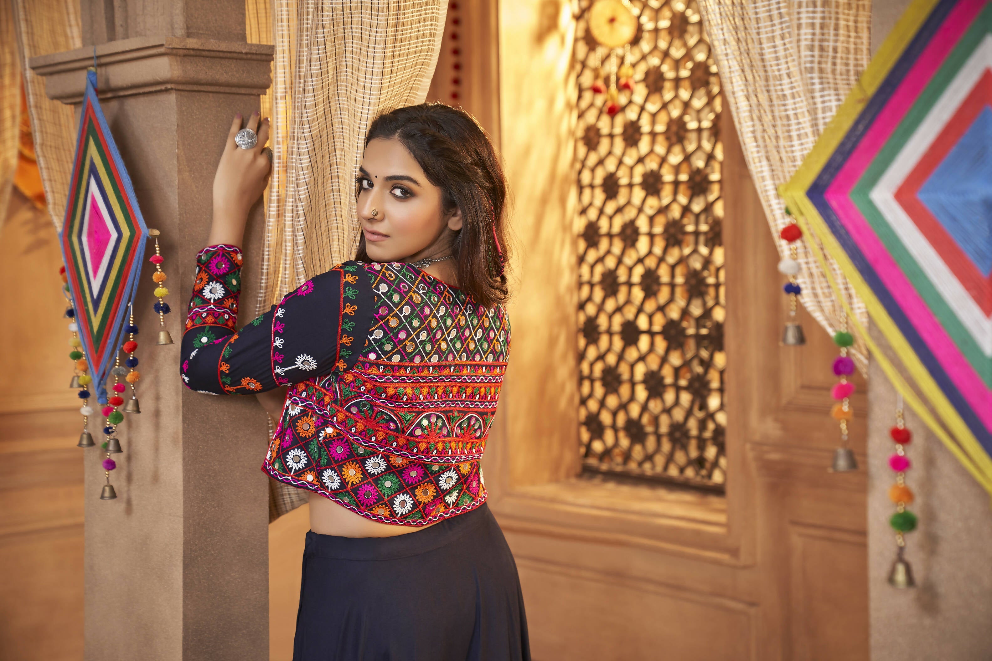 Navy Blue Viscose Rayon Thread Embroidered Work With Mirror All Over Navratri Lehenga Choli With Dupatta - Raas | Grocsy