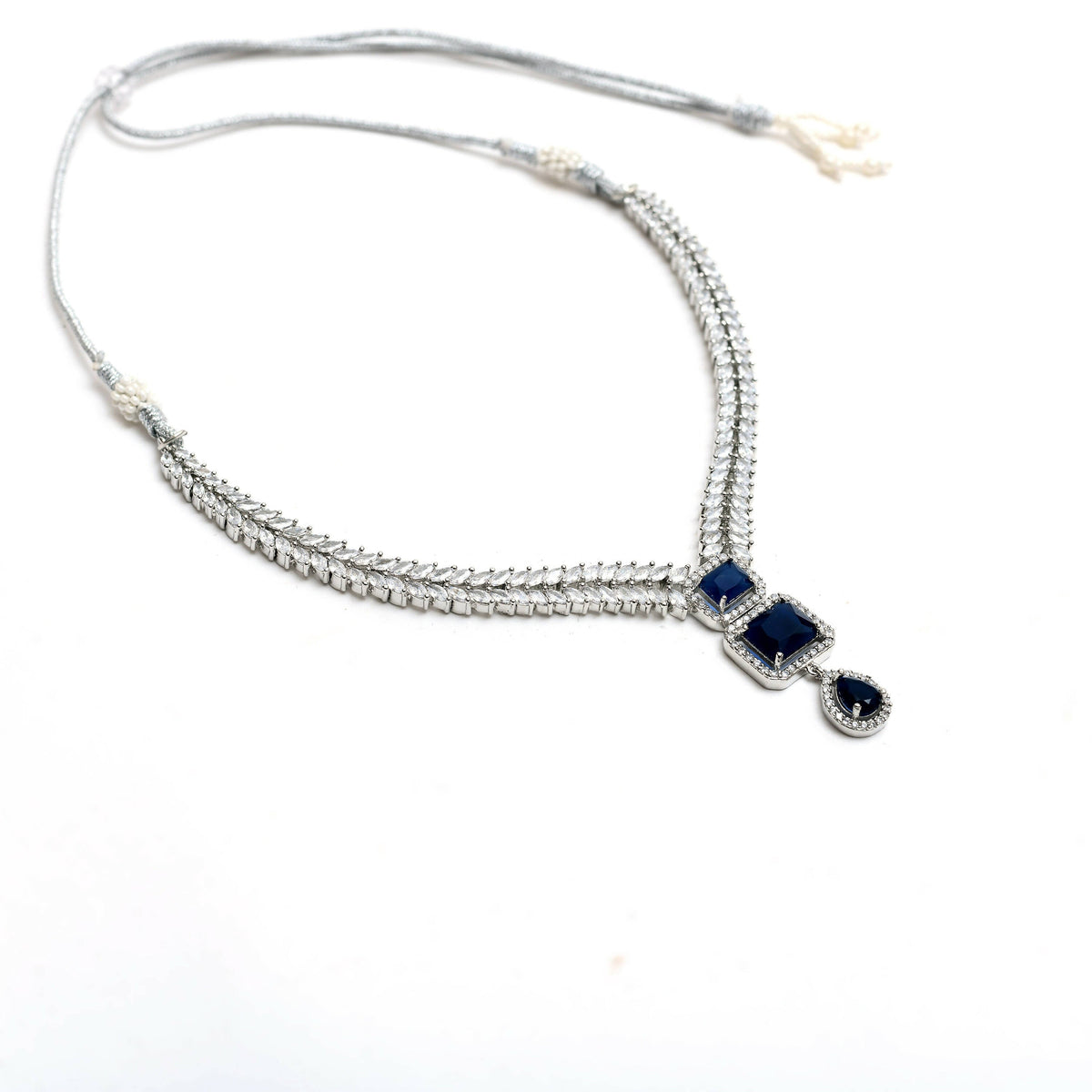 Mominos Fashion Johar Kamal Silver-Plated American Diamond Navy Blue Choker Set | Grocsy