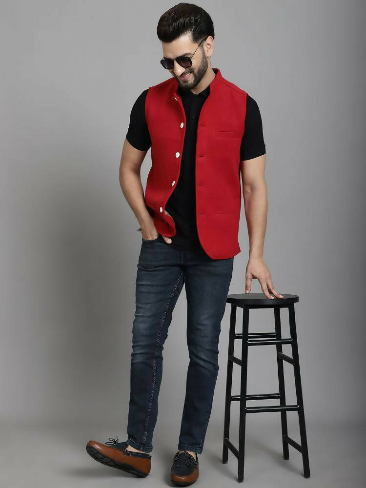 Even Apparels Nehru Jacket With Welt Pockets - Red | Grocsy