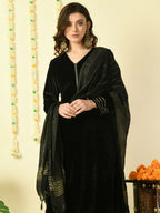 Myshka Women's Black Velvet Kurta & Trousers With Dupatta Party Sets | Grocsy