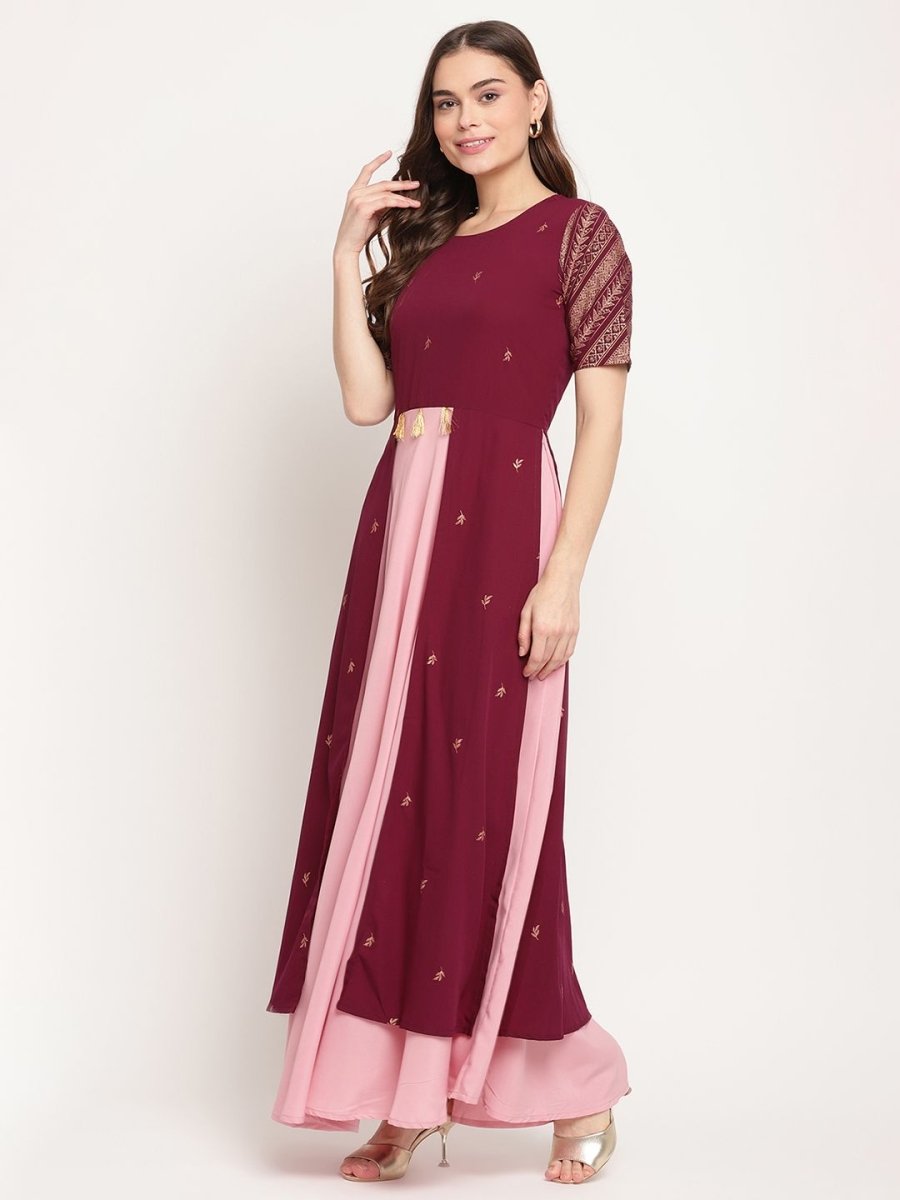 Ahalyaa Women Wine Crepe Glitter Print Dress | Grocsy