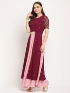 Ahalyaa Women Wine Crepe Glitter Print Dress | Grocsy