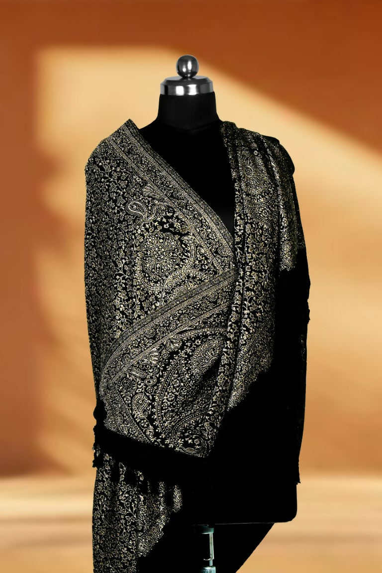 Weaving Mystery Handloom Pashmina Shawl-Kaani Zari - Black | Grocsy