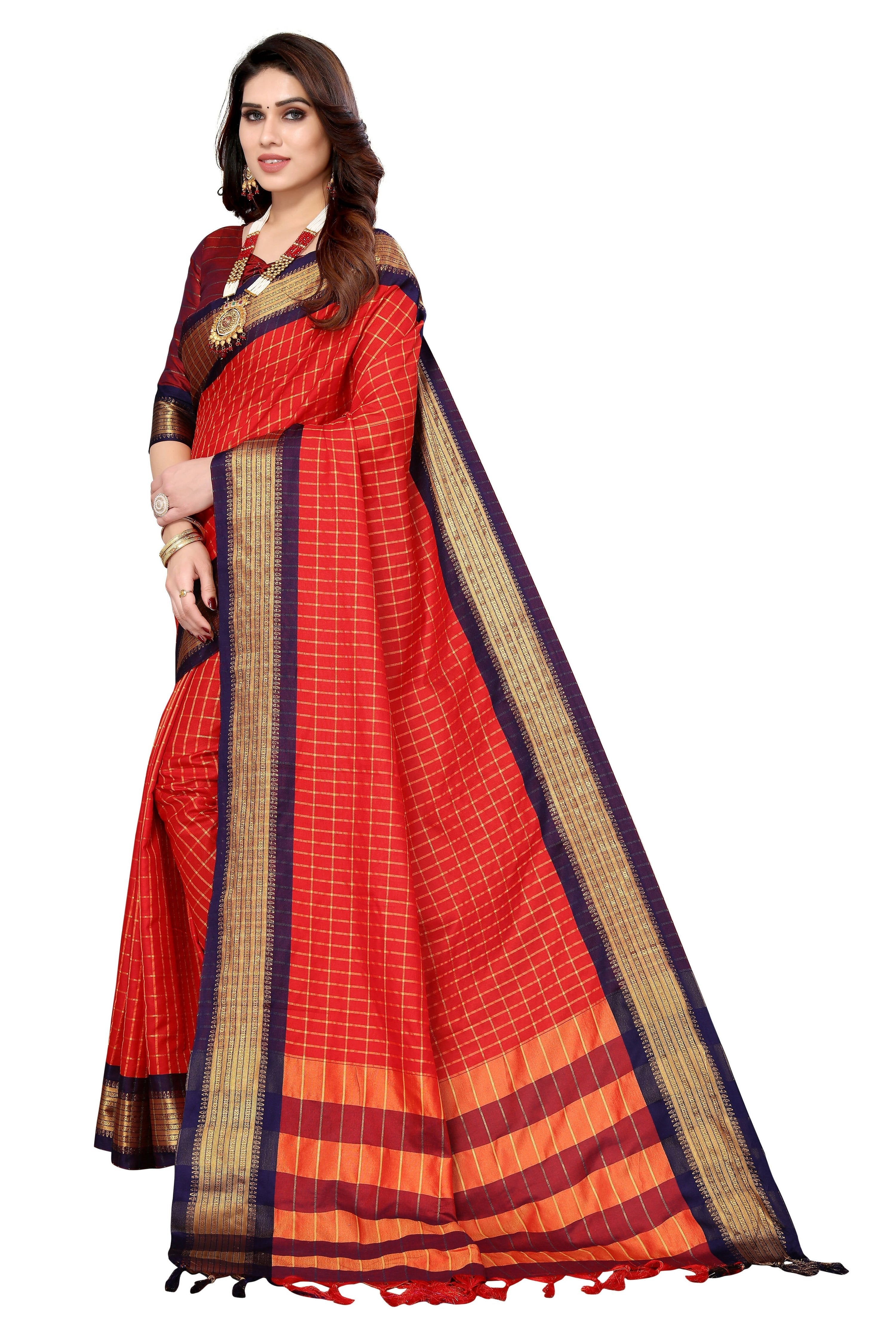 Vamika Weaving Red Cotton Silk Saree | Grocsy