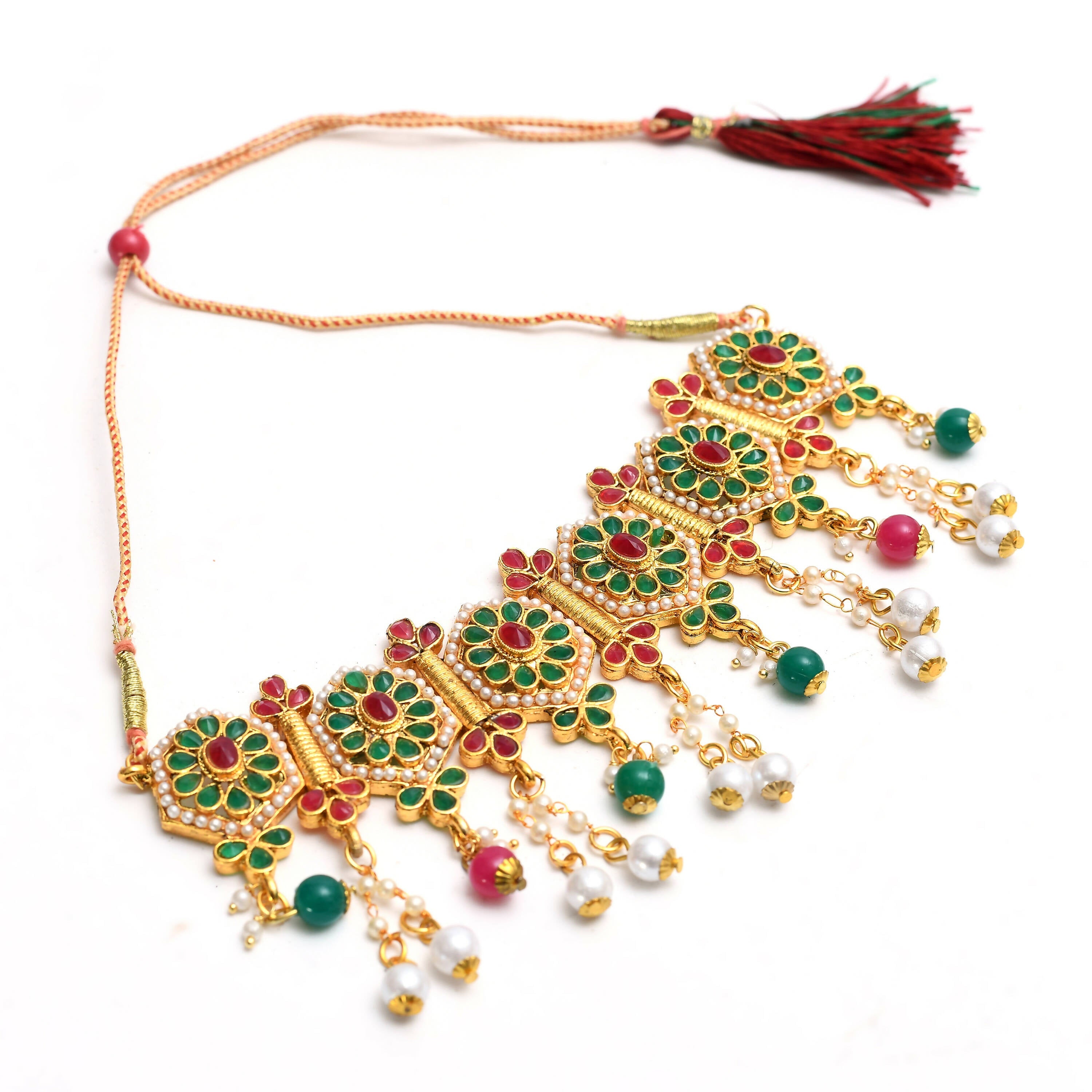 Mominos Fashion Johar Kamal Women Gold-Polished Brass Finish Meena & Pearls Work Choker | Grocsy