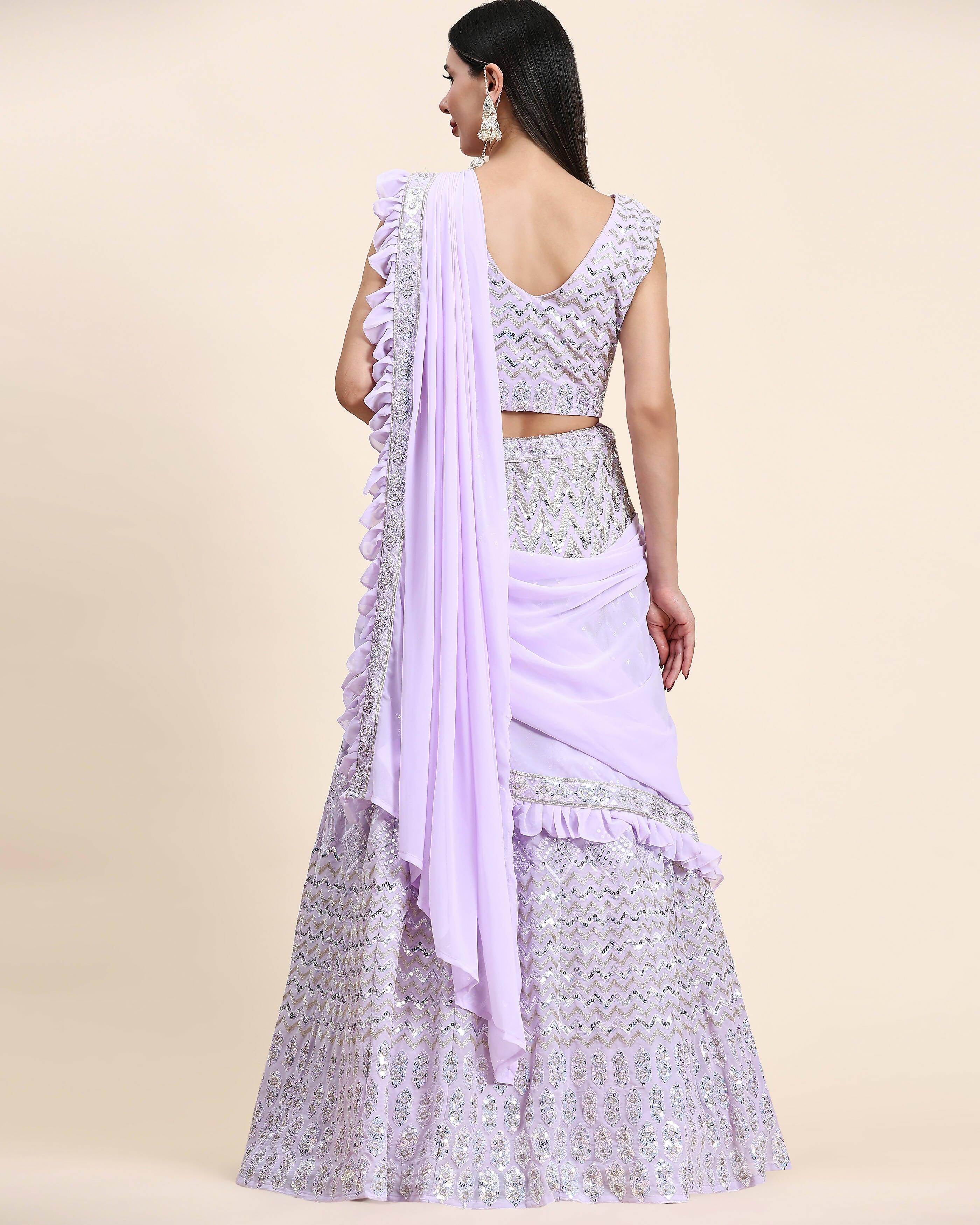Lavender Pure Viscose Georgette Thread With Sequins Embroidery Work Lehenga Choli With Dupatta - Tanya | Grocsy