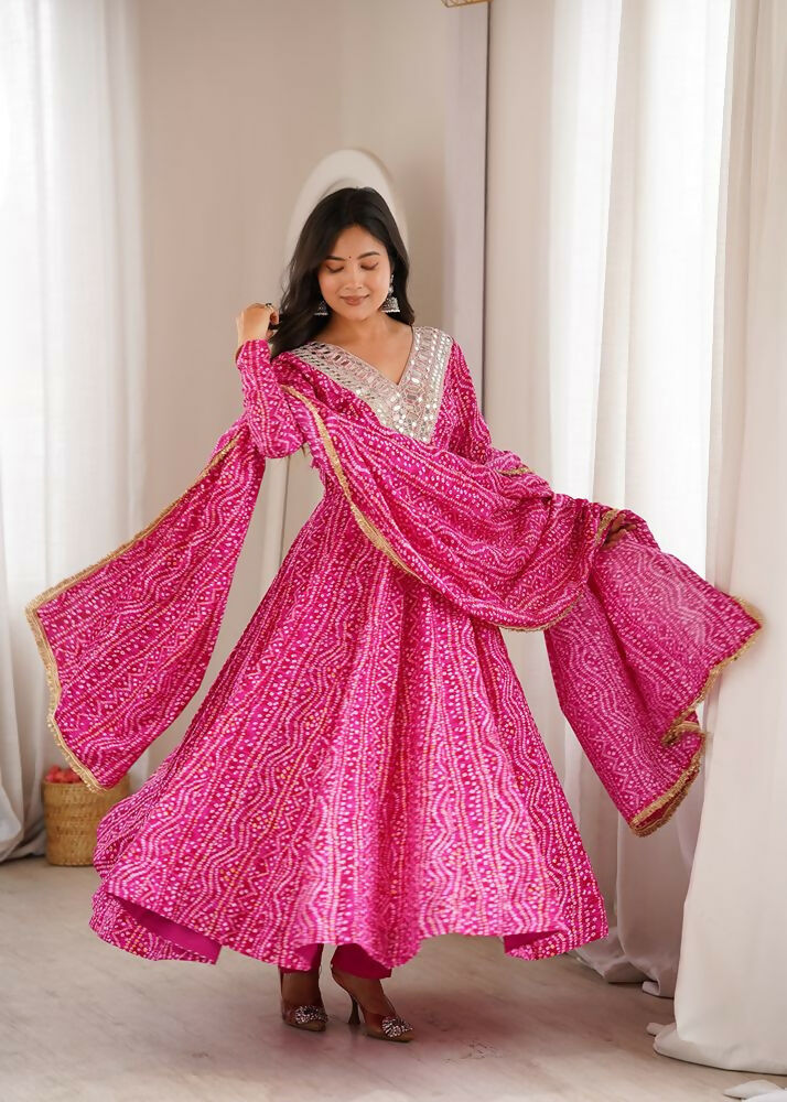 Teeya Creation New Trendy Traditional Pink Bandhani Anarkali Set with Embellished V-Neck | Grocsy