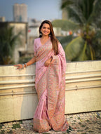 Pink Pashmina Silk Wevon Kashmiri Meenakari Designer Saree with Unstitched Blouse - Vandini | Grocsy