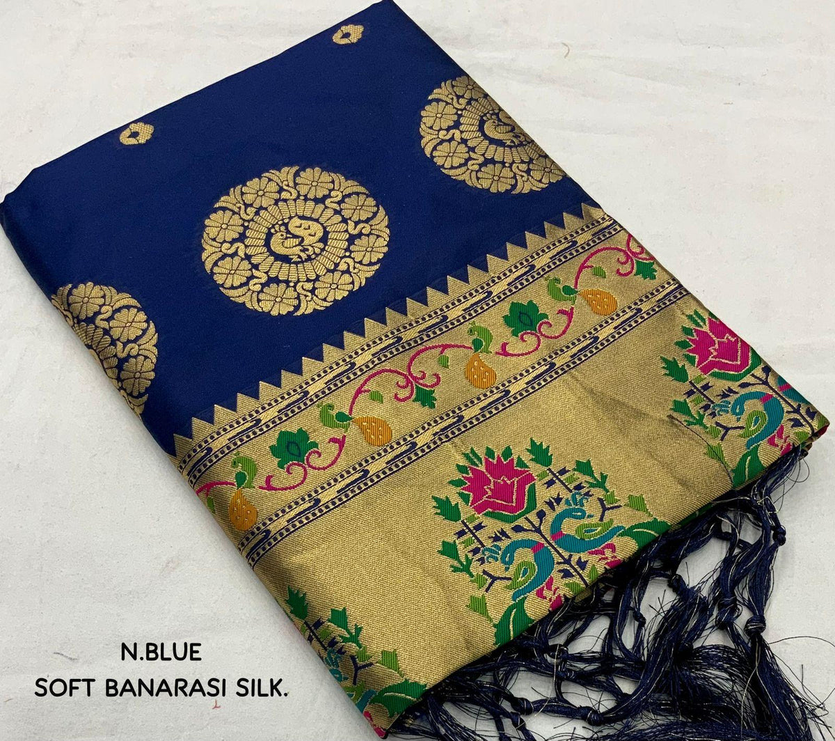 Navy Blue Pure Silk Woven Design Saree with Unstitched Blouse - A2M | Grocsy