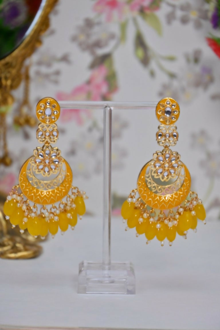 Yellow Gold-Polished Beautifully Enamelled Stylish Kundan & Pearl Dangle Women Earrings|Meenakari Chandbali Traditional Ethnic Wear Earrings By House of Ree - Swadesiicart