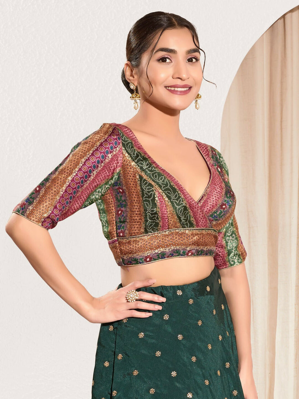 Joban Fashion Magenta Brocade Padded Blouse With V Neck Elbow Sleeves | Grocsy