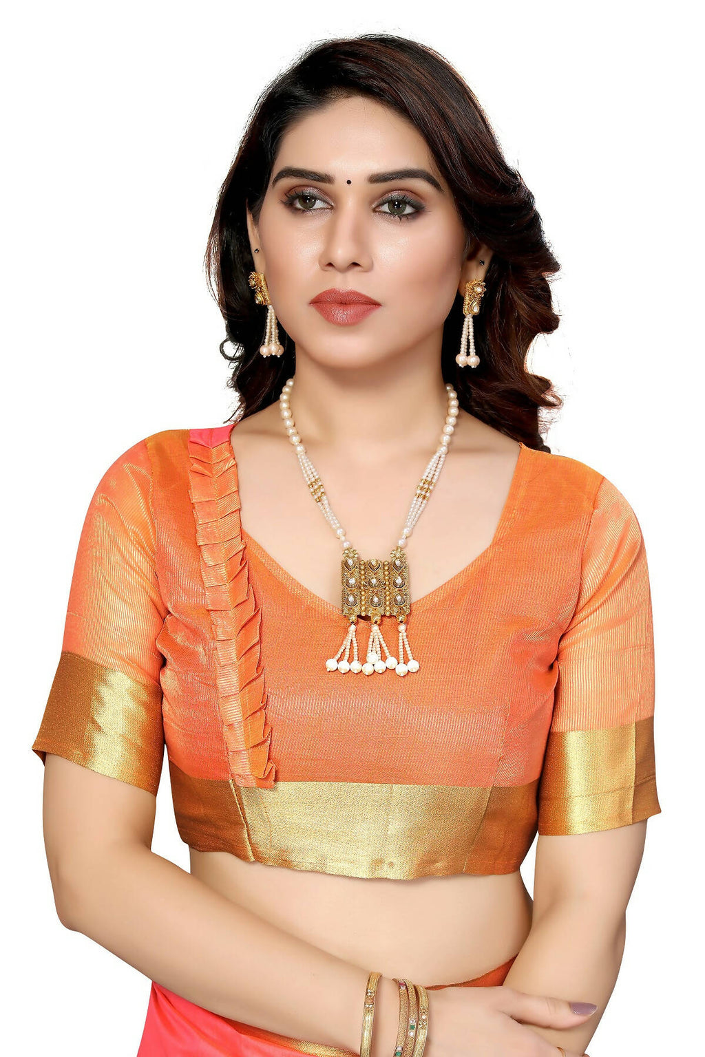 Vamika Peach Cotton Polyester Silk Weaving Saree | Grocsy