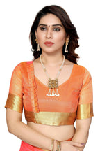 Vamika Peach Cotton Polyester Silk Weaving Saree | Grocsy