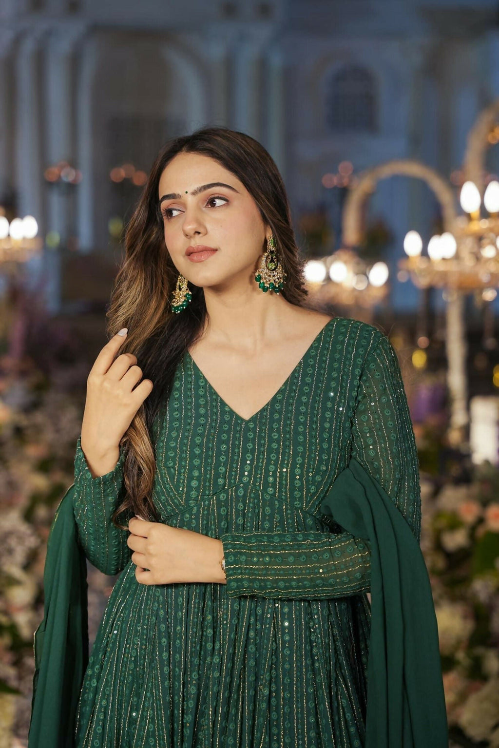 Aayaa Designer Embroidery Zari Sequins Work Faux Blooming Georgette Suit - Green | Grocsy
