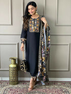 Partywear Designer Viscos Chanderi Black Stitched Suit With Dupatta - Tanisha | Grocsy