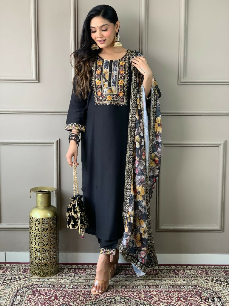 Partywear Designer Viscos Chanderi Black Stitched Suit With Dupatta - Tanisha | Grocsy