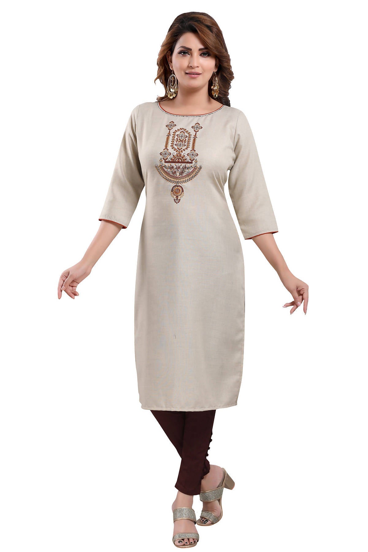 Snehal Creations Boastful Beige Color Casual Cotton Ladies Kurti With Embroidery | Grocsy