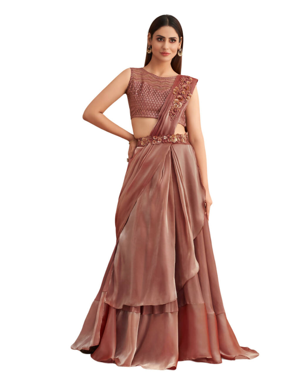 Pink Satin Embroidered Ready To Wear Saree With Unstitched Blouse Piece - Nandika | Grocsy