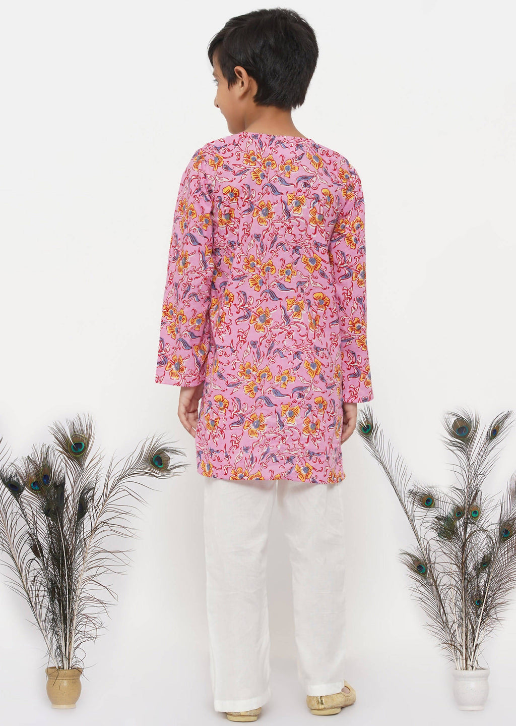 Little Bansi Boys Cotton Block Print Floral Kurta with Pearl Buttons & Pyjama in Pink & Cream | Grocsy
