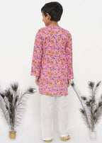 Little Bansi Boys Cotton Block Print Floral Kurta with Pearl Buttons & Pyjama in Pink & Cream | Grocsy