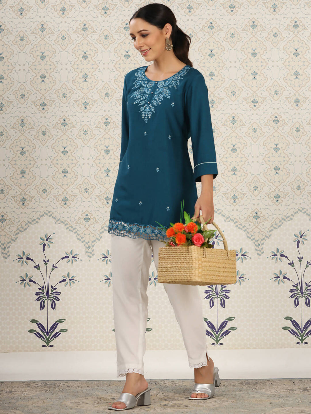Teal Chinon Embroidered Straight Top - Zeny | Grocsy
