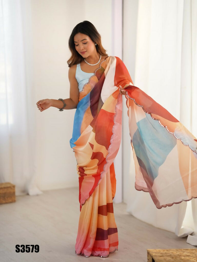Multi Chinon Designer Digital Printed,Mirror Cut Work Saree - Sohni | Grocsy