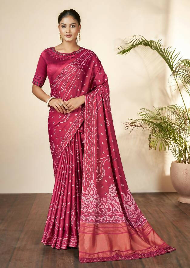 Pink Gajji Silk Bandhani Print with Mirror hand work Saree - Norita Nirvi | Grocsy