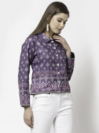 Myshka Women Purple Cotton Blend Printed Full Sleeve Shirt Collar Casual Jacket | Grocsy