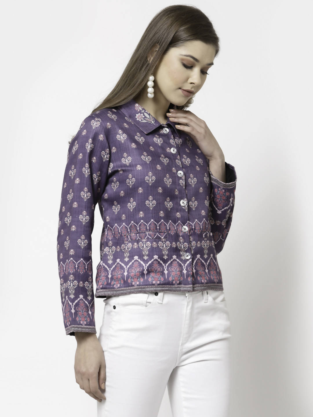 Myshka Women Purple Cotton Blend Printed Full Sleeve Shirt Collar Casual Jacket | Grocsy