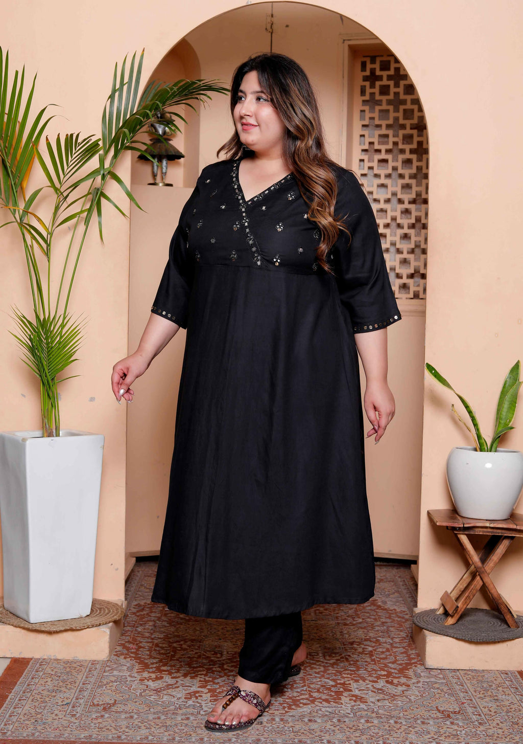 Miravan Womens Plus Size Black Mirror work Angrakha Kurta and Palazzo Set | Grocsy
