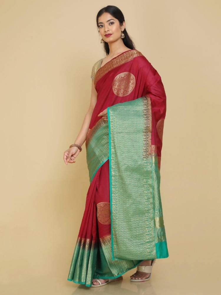 Kalamandir Woven Design Maroon Silk Blend Saree | Grocsy