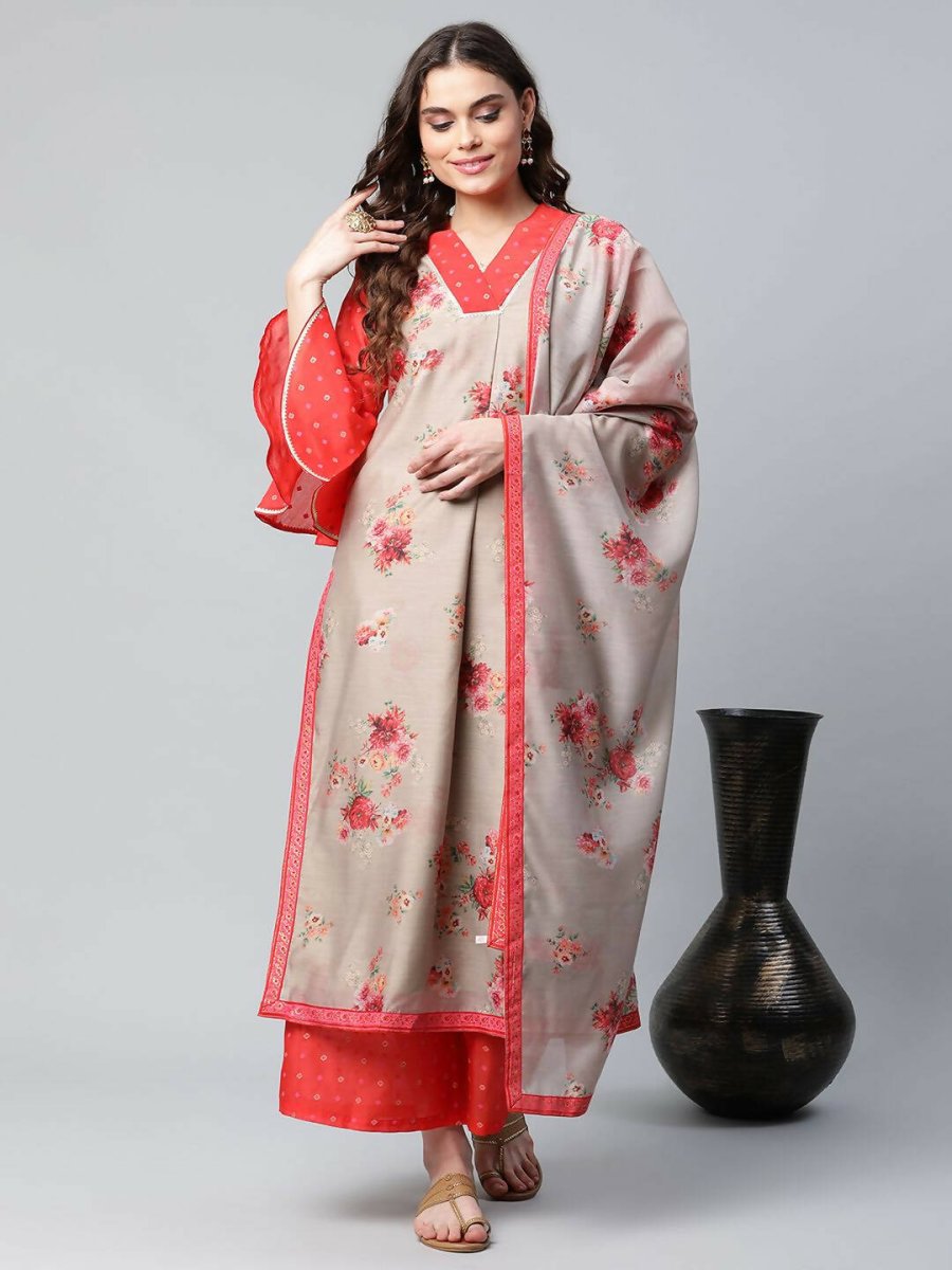 Ahalyaa Womens Chiku Chanderi Printed Kurta Palazzo Set | Grocsy