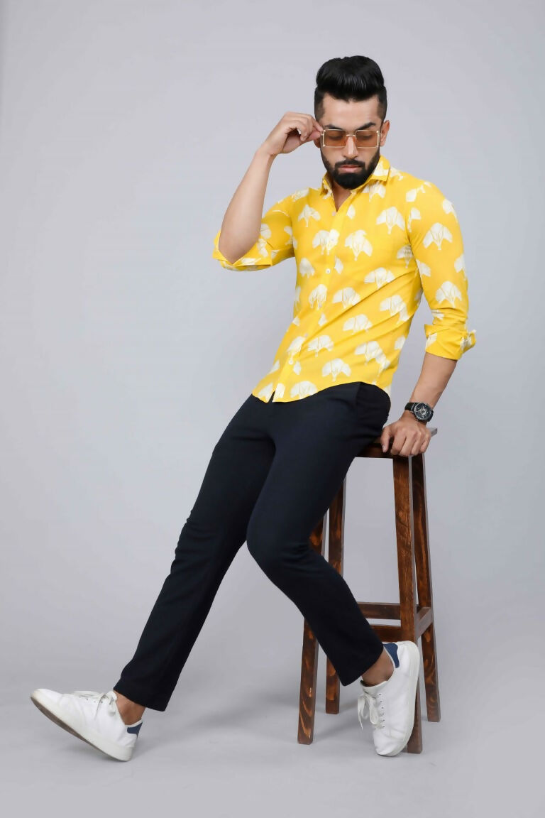 Miravan Men's Yellow and White Floral Printed Full Sleeves Cotton Casual Shirt | Grocsy