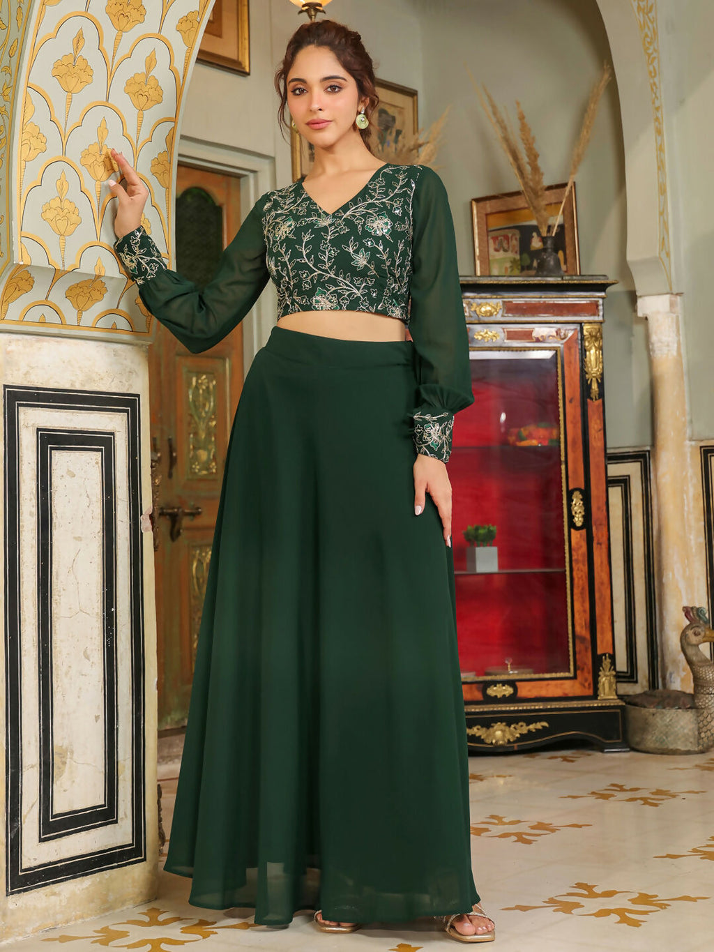 Janasya Dark Green Georgette Embroidered Top & Skirt | Grocsy