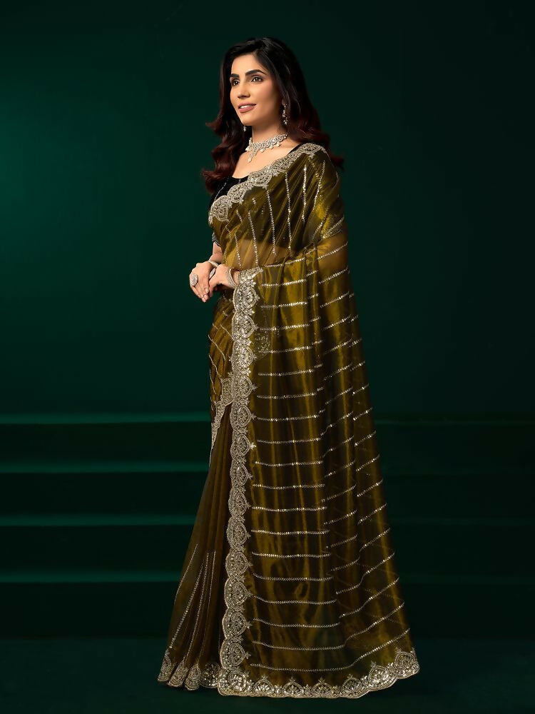 Joban Fashion Mehendi Green Net Party Wear Sarees | Grocsy