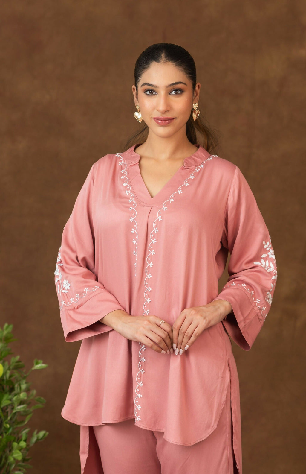 Gharana India Jashn Premium Women's Chikankari Embroidered Twilight Silk Co-ord Set - Onion Pink | Grocsy