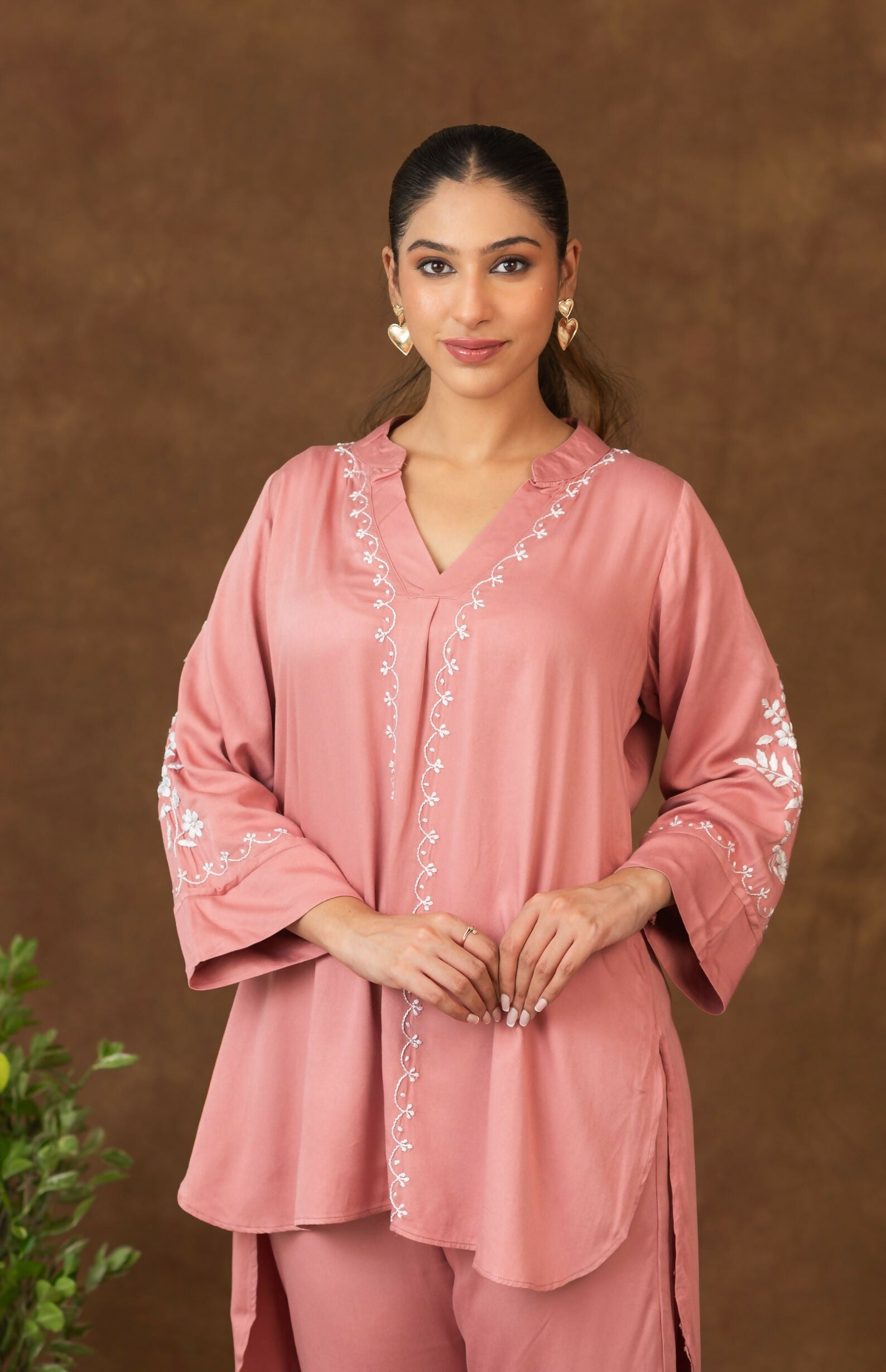 Gharana India Jashn Premium Women's Chikankari Embroidered Twilight Silk Co-ord Set - Onion Pink | Grocsy