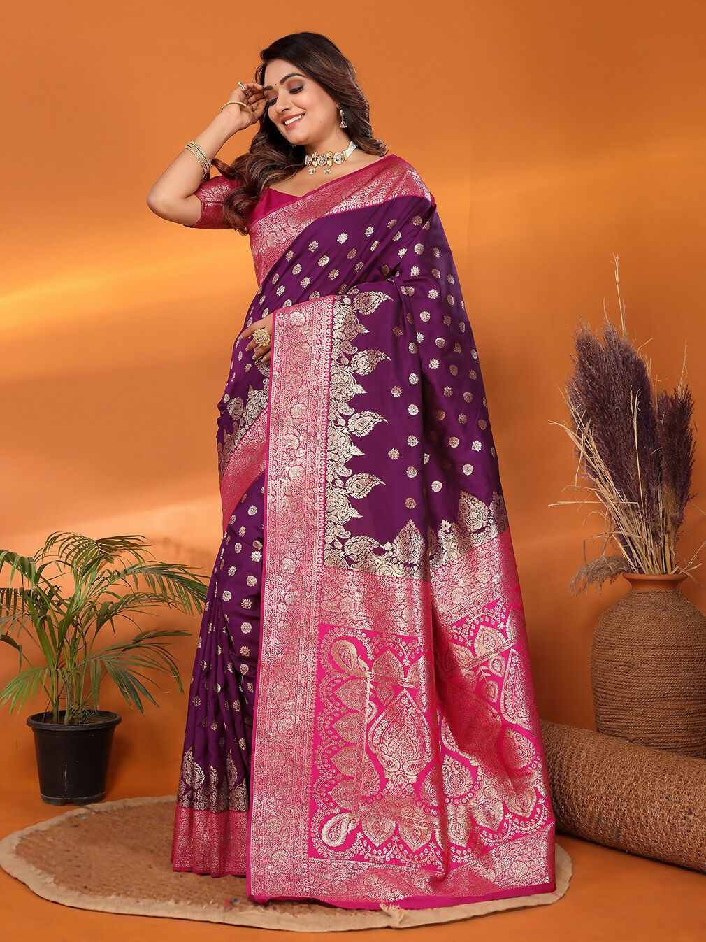 Joban Fashion Banarasi Purple Woven Soft Silk Saree | Grocsy