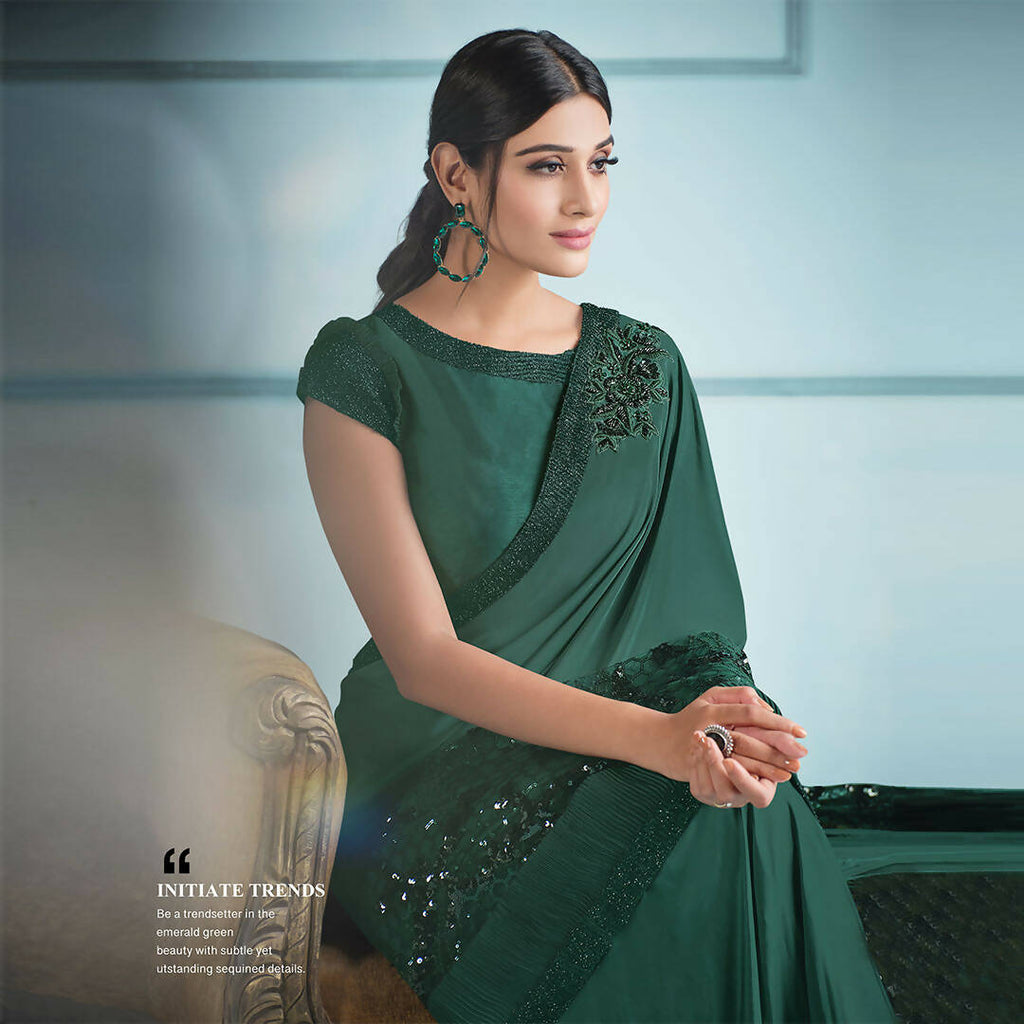 Green Lycra sequence Saree with Unstitched Blouse Piece - Norita Elaura | Grocsy