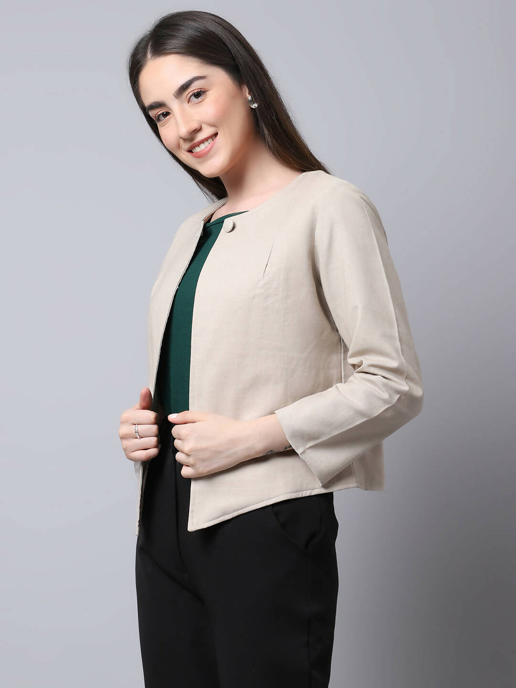 Even Apparels Cream Linen Cotton Open Front Statement Women's Jacket | Grocsy