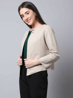 Even Apparels Cream Linen Cotton Open Front Statement Women's Jacket | Grocsy