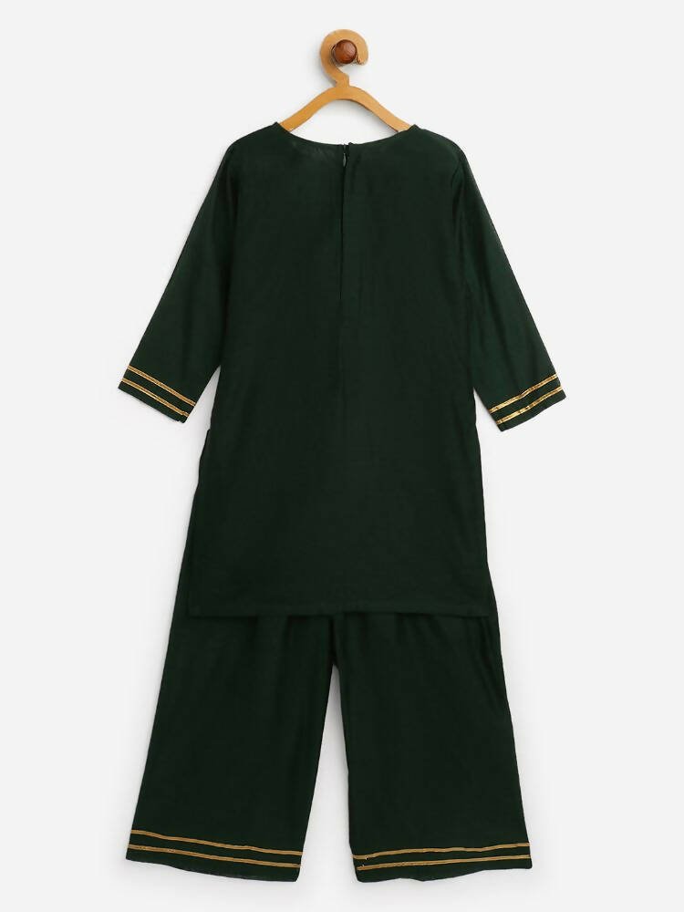 Ahalyaa Dark Green Chanderi Solid Kids Kurta Palazzo Set With Dupatta For Girls | Grocsy