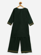 Ahalyaa Dark Green Chanderi Solid Kids Kurta Palazzo Set With Dupatta For Girls | Grocsy