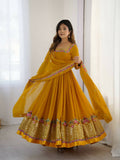 Teeya Creation Yellow Color Heavy Georgette Wedding Wear Embroidery Work Long Gown | Grocsy