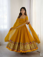 Teeya Creation Yellow Color Heavy Georgette Wedding Wear Embroidery Work Long Gown | Grocsy