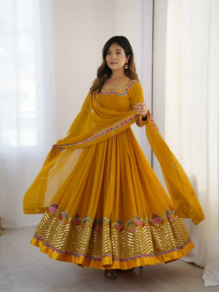 Teeya Creation Yellow Color Heavy Georgette Wedding Wear Embroidery Work Long Gown | Grocsy