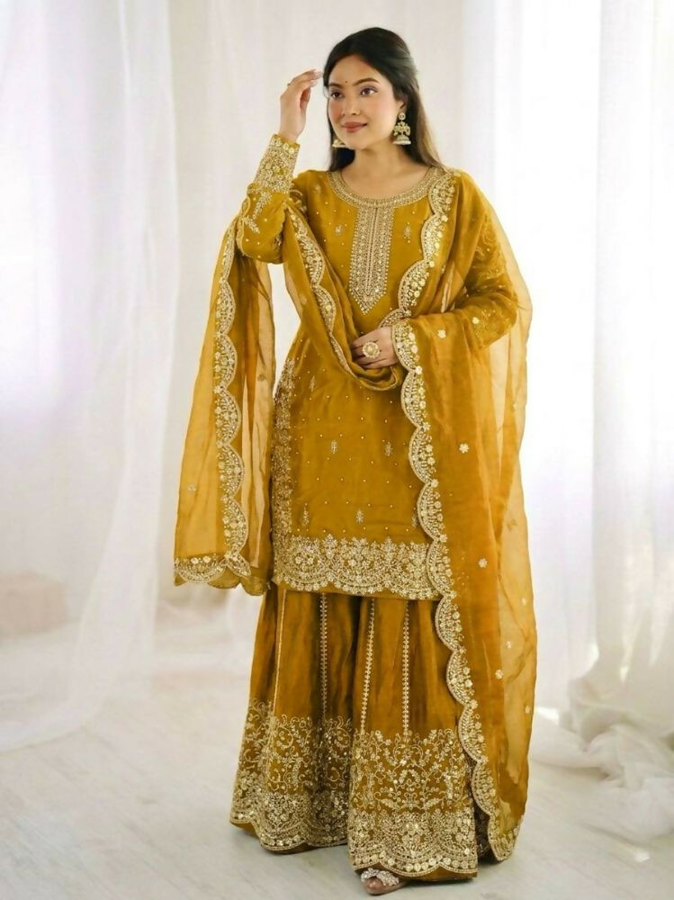 Teeya Creation Yellow Color Fendy Silk Embroidery Work Wedding Wear Salwar Suit | Grocsy